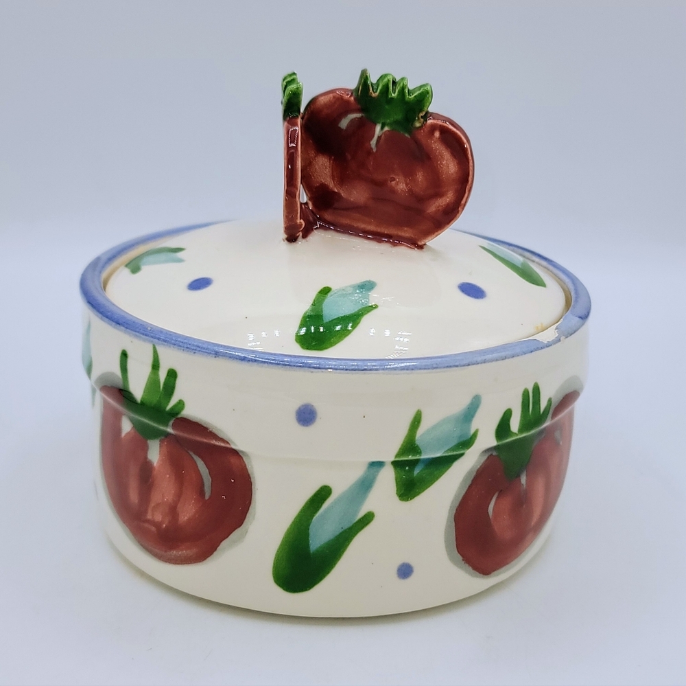 1990 Hand Painted Lidded Pottery Bowl & Plate Set Tomato Motif Vermont Signed - Picture 9 of 14